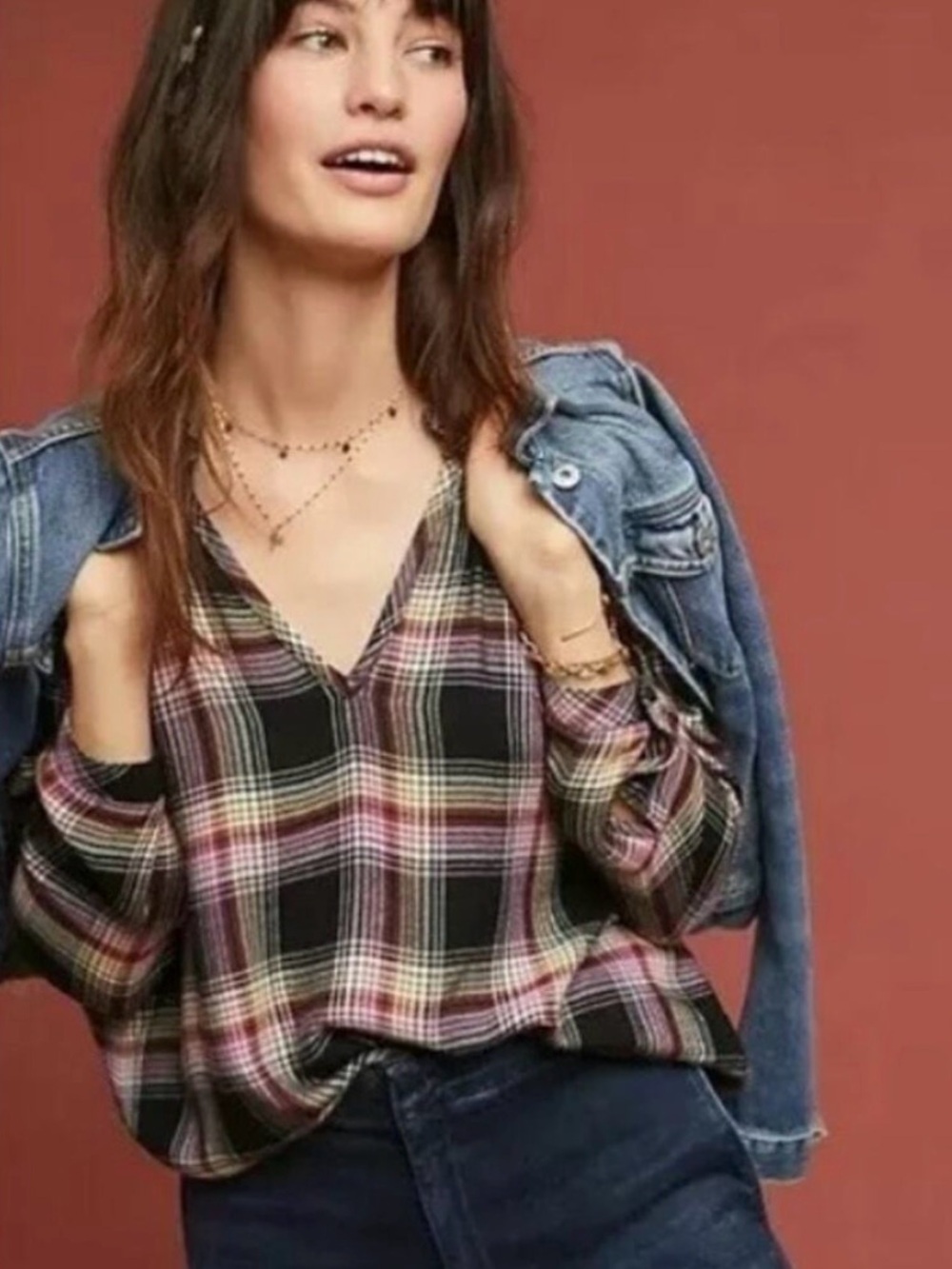 CLOTH & STONE x ANTHROPOLOGIE Plaid Ruffle V-Neck Popover Top Black Pink